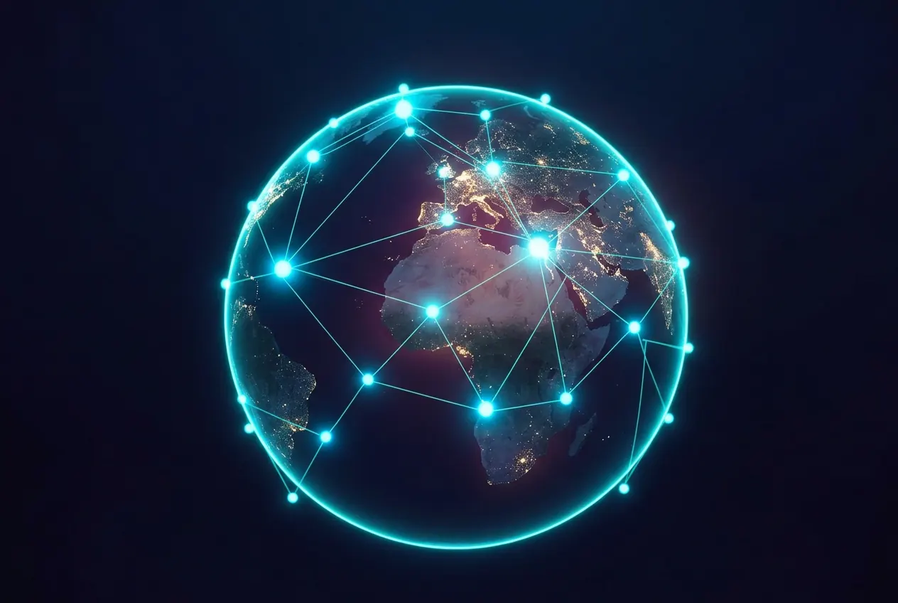Glowing network of blockchain nodes over a dark globe