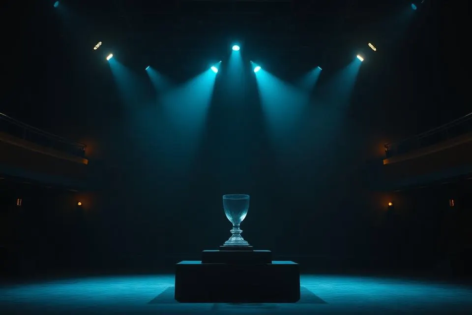 Spotlit trophy on a plinth in a dark auditorium