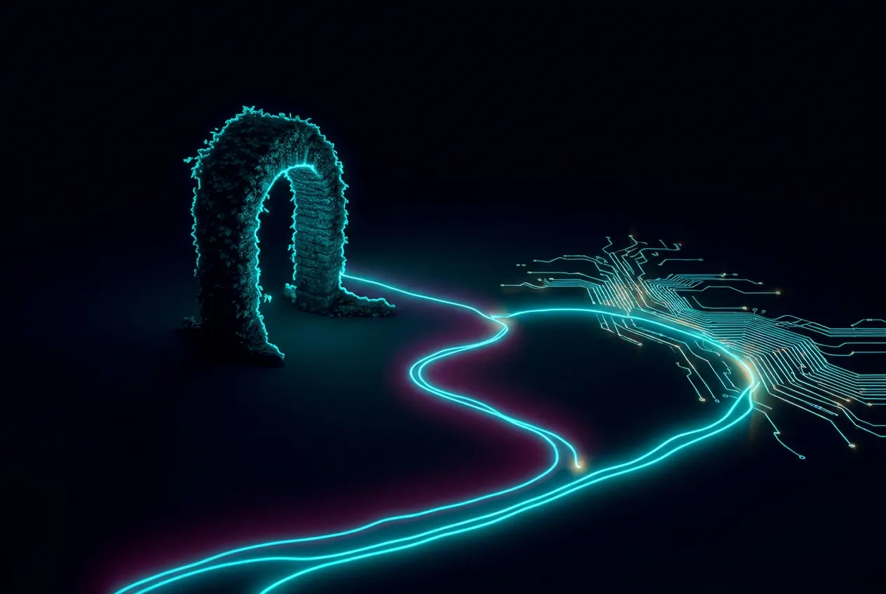 Two glowing paths forking apart in darkness