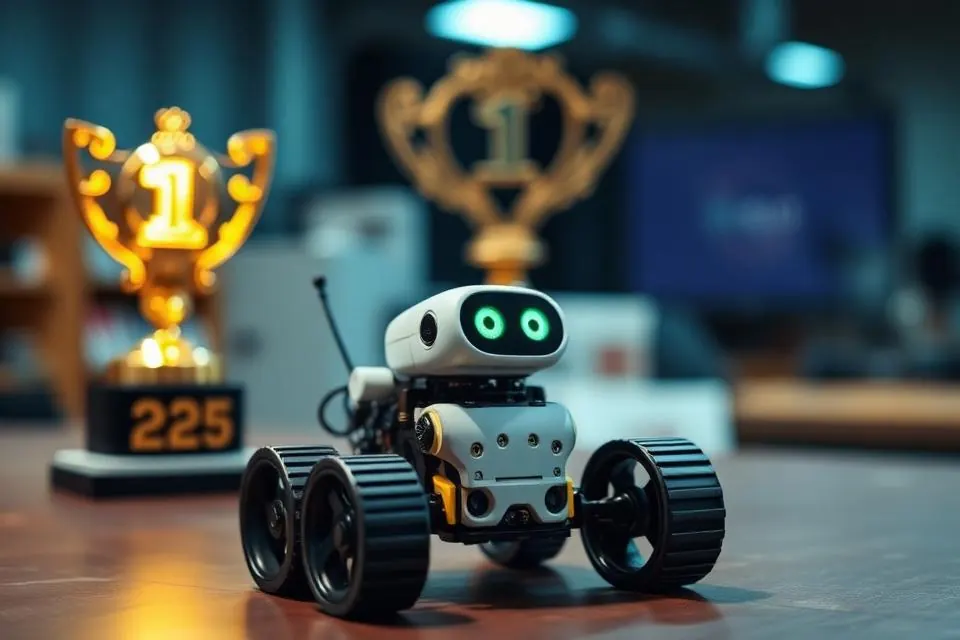 Small autonomous robot in front of a first-place trophy