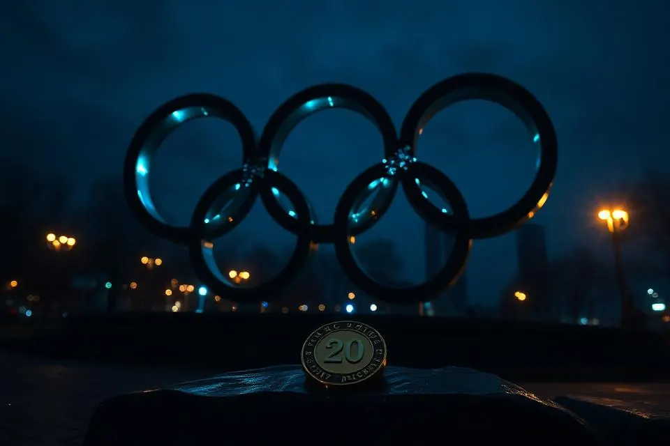 Olympic rings at night with a medal on dark stone
