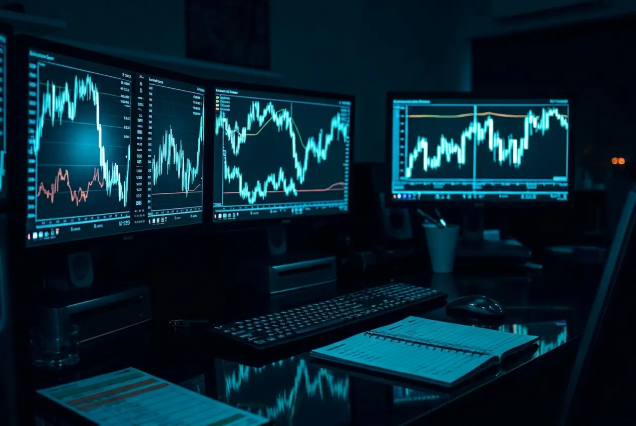 Trading desk of monitors showing cyan price charts in a dark room