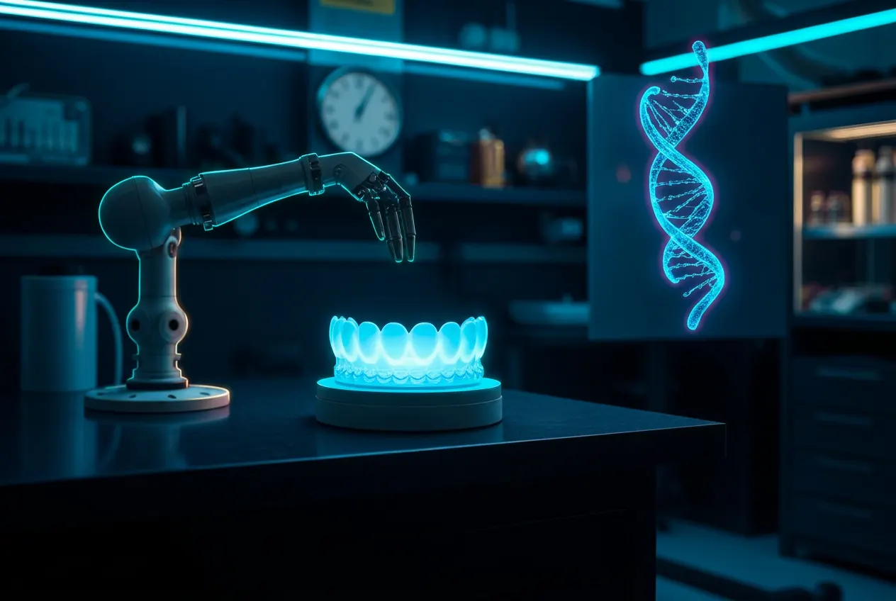 Robotic arm handling a clear dental aligner under cyan light