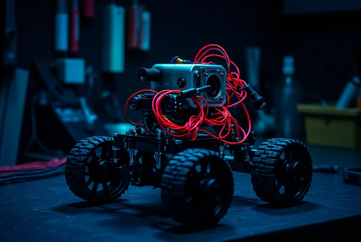 Hand-built robot of servos and wiring on a workbench