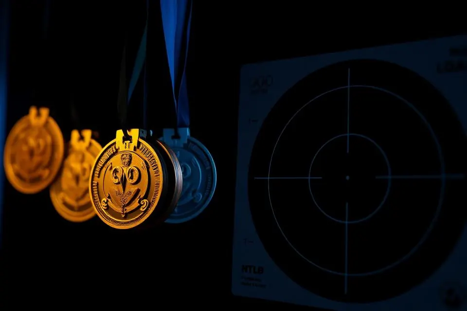 Medals hanging beside a paper shooting target